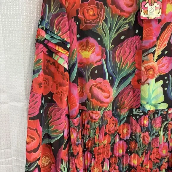 Farm Rio Dress Womens Size Large Anthropologie Pleated Drop-Waist Maxi Red NWT - Picture 4 of 10